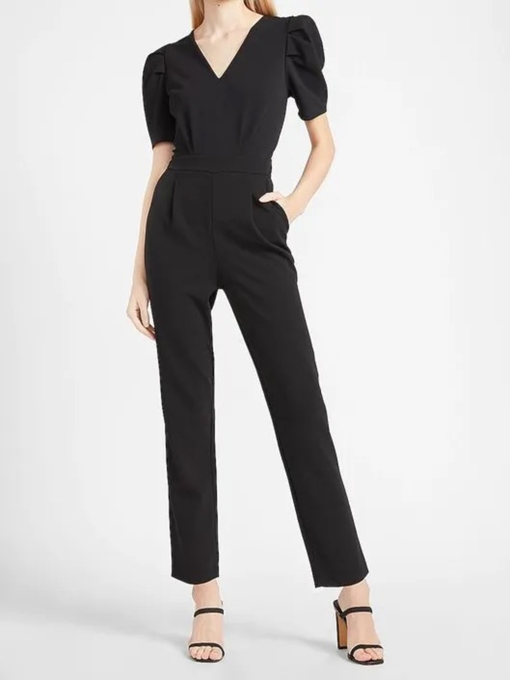 ✨Express Women’s Black V-Neck Puff Short Sleeves Jumpsuit Size M